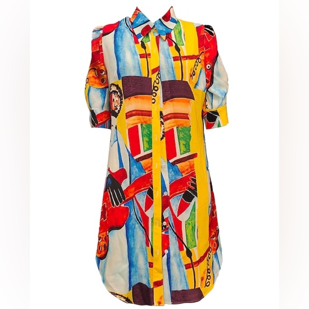 ADOR Vibrant Abstract Button-Down Shirt Dress – Size M